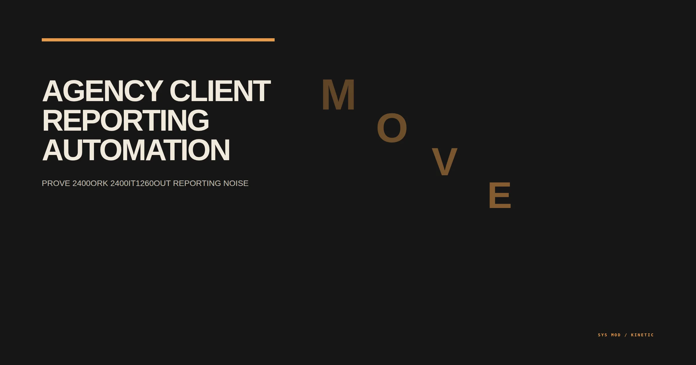 Kinetic typography poster mapping agency delivery evidence, business outcomes, exceptions, client decisions, and accountable next actions