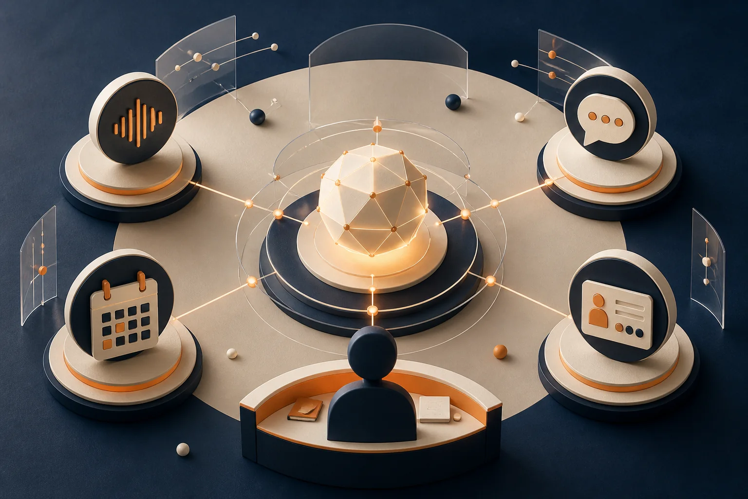 AI agent coordinating voice, messaging, scheduling, and CRM actions with human oversight
